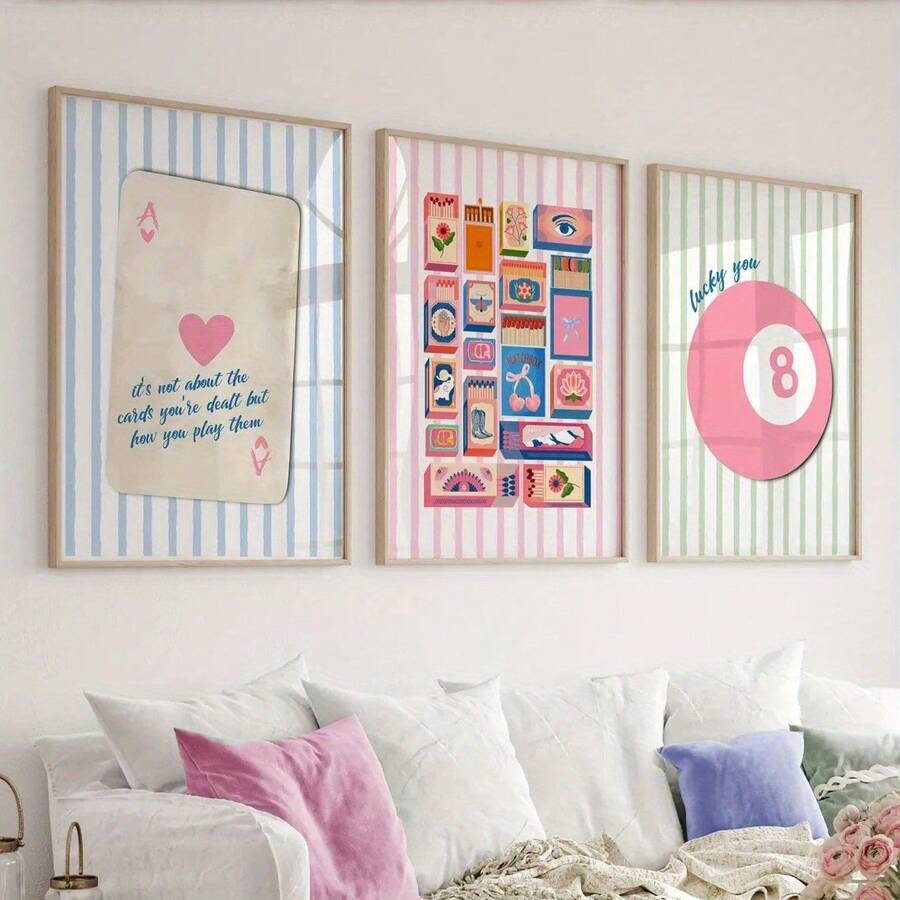 Bộ 3 tranh, tranh treo tường phong cách cổ điển, họa tiết hộp diêm macaron và quân bài poker, tranh vẽ trên vải kẻ sọc hình bàn bi-a, trang trí phòng khách, phòng ngủ, căn hộ, quà tân gia, không khung. - Nhiều màu - Xem 1