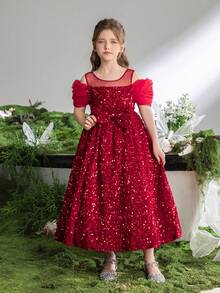 ALISA&LEO Enchanting Round Neck Spaghetti Strap Girls' Sequin Dress With Sheer Short Puffed Sleeves And Oversized Bow Detail For Wedding Ceremonies, Formal Galas, Evening Receptions, Award Ceremonies, And Holiday Celebrations