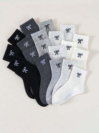 5/10/20 Pairs Of Children's Socks, Solid Color Bow Pattern Girls Four Seasons Cute Casual Simple Daily Travel Can Wear Children's Mid-Tube Socks.