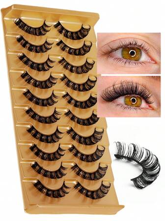 10 par naturliga tunna 3D lösögonfransar: Tjocka kattögonfransar, fluffiga fransset, naturligt lockiga, tjocka och fylliga, dramatisk kattögonstil, handgjorda, långa och fluffiga, tecknade serier, lösögonfransar, ögonfransförlängning