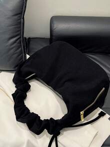 Foldable Velvet Handbag With Drawstring Shoulder Strap, Large Capacity, Vintage Style, Suitable For School, Commute, Autumn Season - Black - View 8