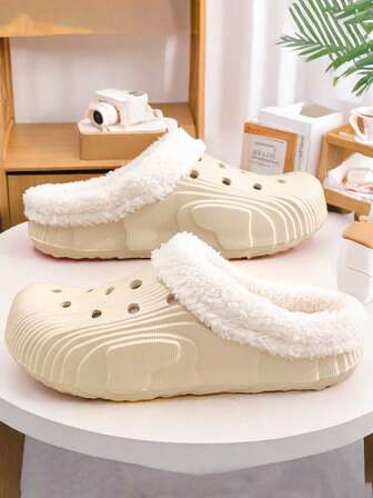 Women's DIY Pixel Striped Hollow Plush Lined Outdoor Flat EVA Casual Shoes, Khaki