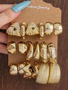 1-9对多尺寸粗犷几何耳环套装 | 金色夸张C形耳环和纹理结三角形耳钉，适合秋冬季日常、派对和办公场合 - 金色 - 查看 10