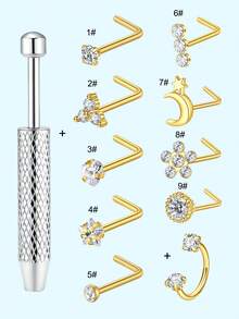 Nose Ring Studs 18G Nose Rings Hoops Stainless Steel Nose Rings Round Heart Star White CZ L Shaped Nose Stud With A Grabber Tool For Women Men Nose Piercing Jewelry Set