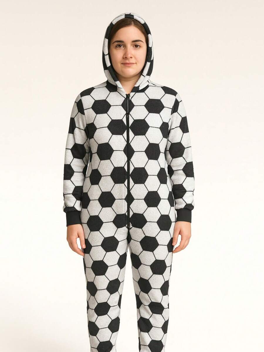 Mameluco Pijama de una pieza Estampado Futbol Felpa Suave para Adulto con Cierre Kigurumi para Mujer - Blanco y Negro - Ver 1