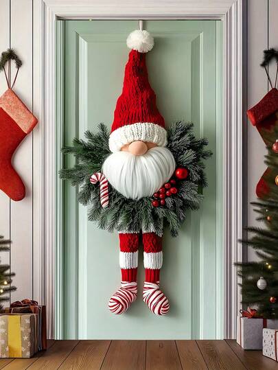 1 Decorazione natalizia da appendere alla porta con gnomo, ghirlanda in poliestere con base a righe rosse, senza bisogno di elettricità, decorazione festiva da parete