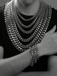 8/10/12/14mm 男士钛钢不锈钢双扣六角抛光龙头扣镜面抛光手链项链粗链，适合男女街头嘻哈饰品项链 - 銀色 - 查看 10