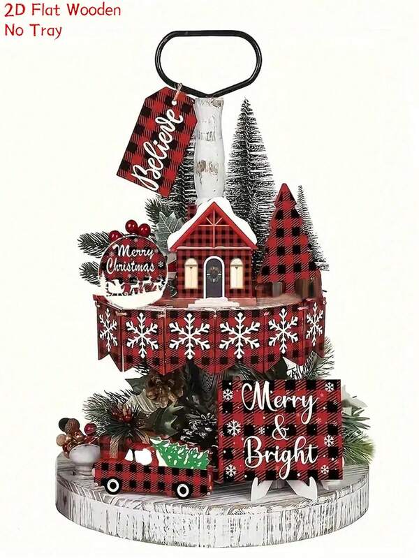 13PCS Red Christmas Wooden Tiered Tray Decor Tabletop Decor, Plaid Christmas Tree Car House Merry Christmas Plaque Design, Christmas Theme Decor Christmas Party Decor, Christmas Tiered Tray Home Decor, Festive Gifts For Family And Friends(Without Tray)