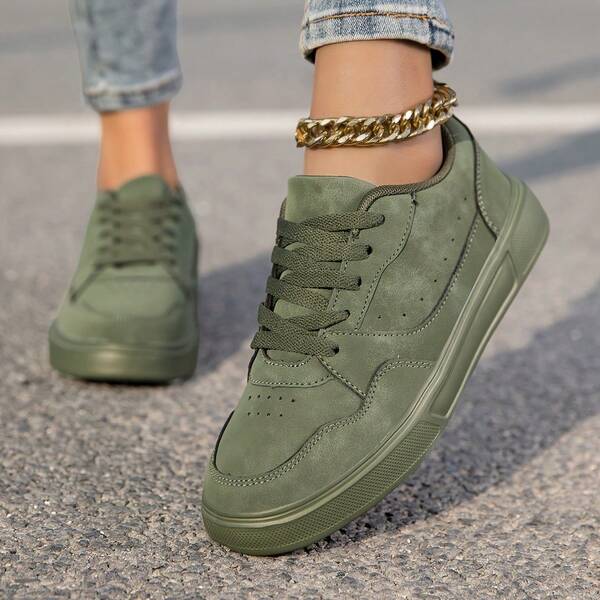 Women's Classic Retro Low-Top Sneakers - Olive Green Lace-Up Shoes, Synthetic Upper And Cushioned EVA Sole, Elegant And Comfortable, Suitable For Fitness, Running And Daily Wear - Unisex Shoes For All Seasons