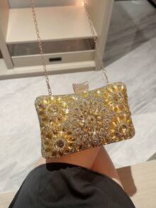 One Luxurious Shiny Sunflower Rhinestone Clutch Bag Box Type Evening Bag Glamorous Party Handbag Romantic Wedding Purse Formal Event Clutch Dance Party Bag Bride Bag Chain Bag,Tready Party Bag & Bride Bag,Tready Bride Bag, Perfect For Party,Wedding, Prom,Dinner/Banquet, Matching With Wedding Dress, Formal Dresses, Prom Dress, Birthday Dress, Party Dress, Essential Wedding Items,Perfectly Matching With Graduation Dress, Prom Dresses, Glamorous Rhinestone Bag - 金色 - 查看 3