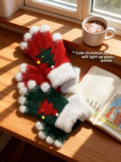 Women's Snowflake Christmas Tree Fingerless Gloves, Winter Warm Plush Touchscreen Gloves For Cycling