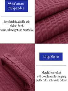 Men's Ribbed Henry Shirt Slim Fit Muscle T-Shirt Cotton Casual Long Sleeved Shirt,Suitable For Traveling, Keeping Warm As An Inner Layer, And Giving Gifts During Festivals - 酒紅色 - 查看 5