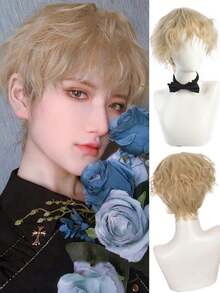 Men Synthetic Short Black Fireworks Perm Short Wave Curly Men Wig Anime Game Cosplay Fluffy Heat Resistant Wig For Daily Party White Blonde Cold Brown