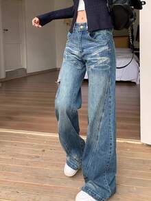 Pantalones vaqueros de las mujeres de diseño vintage sentido empalme micro bengala, versátil cintura baja chica caliente pantalones de arrastre delgado - Azul - Ver 3