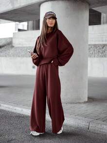 2pcs Women Solid Color Round Neck Long Sleeve T-Shirt And High Waist Wide Leg Pants Set, Suitable For Autumn/Winter Everyday Wear