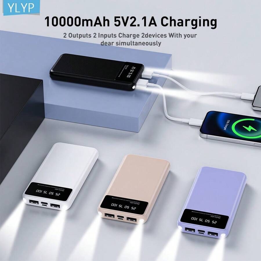 YLYP 10000mAh 移动电源,超薄双 USB 输出,5V/2.1A USB-C 和 Micro USB 兼容充电,带 LED 显示屏和手电筒,适用于安卓/手机设备的移动电源 - 彩色 - 查看 1