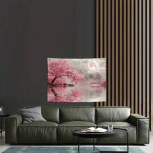 1 件迷人粉色樱花树湖景背景 - 涤纶面料，适用于客厅、卧室、办公室装饰和派对