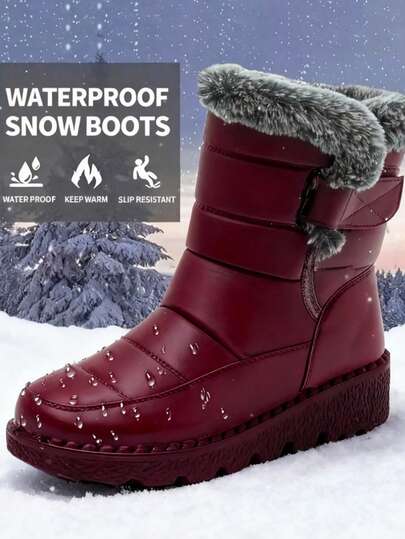 36-45 Yards Outdoor Thickened Thermal Lined Snow Boots For Women, Mid-Calf Length For Winter, Round Toe & Flat Heel Plus Size Waterproof & Slip-Resistant High-Tops Women's Boots, Winter Boots For Middle-Aged Women & Moms, Black