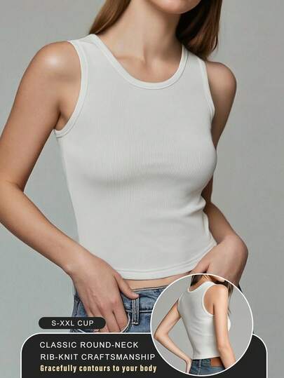 1件女士纯色无袖简约背心，中等弹力，适合夏季穿着