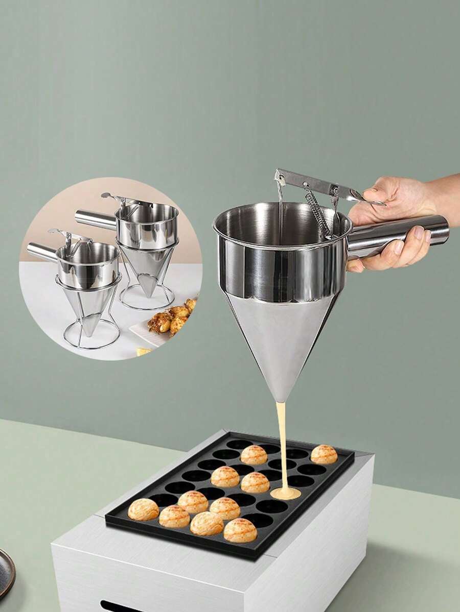 1pc, Stainless Steel Piston Funnel, Octopus Balls Tools With Rack, Batter Dispenser Cake Decorating Tool, Funnel Dispenser With Stand For Takoyaki And Baking, Kitchen Utensils, Apartment Essentials, College Dorm Essentials, Back To School Supplies