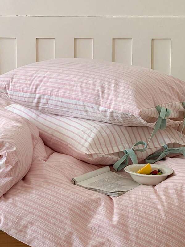 Fronha de algodão com laço estilo coreano, disponível em vários tamanhos, tecido de algodão trançado, confortável em azul/marfim/verde/rosa, listrada com decoração de laço, adequada para sala de estar, quarto, dormitório, lavável à máquina (travesseiro interno não incluído)