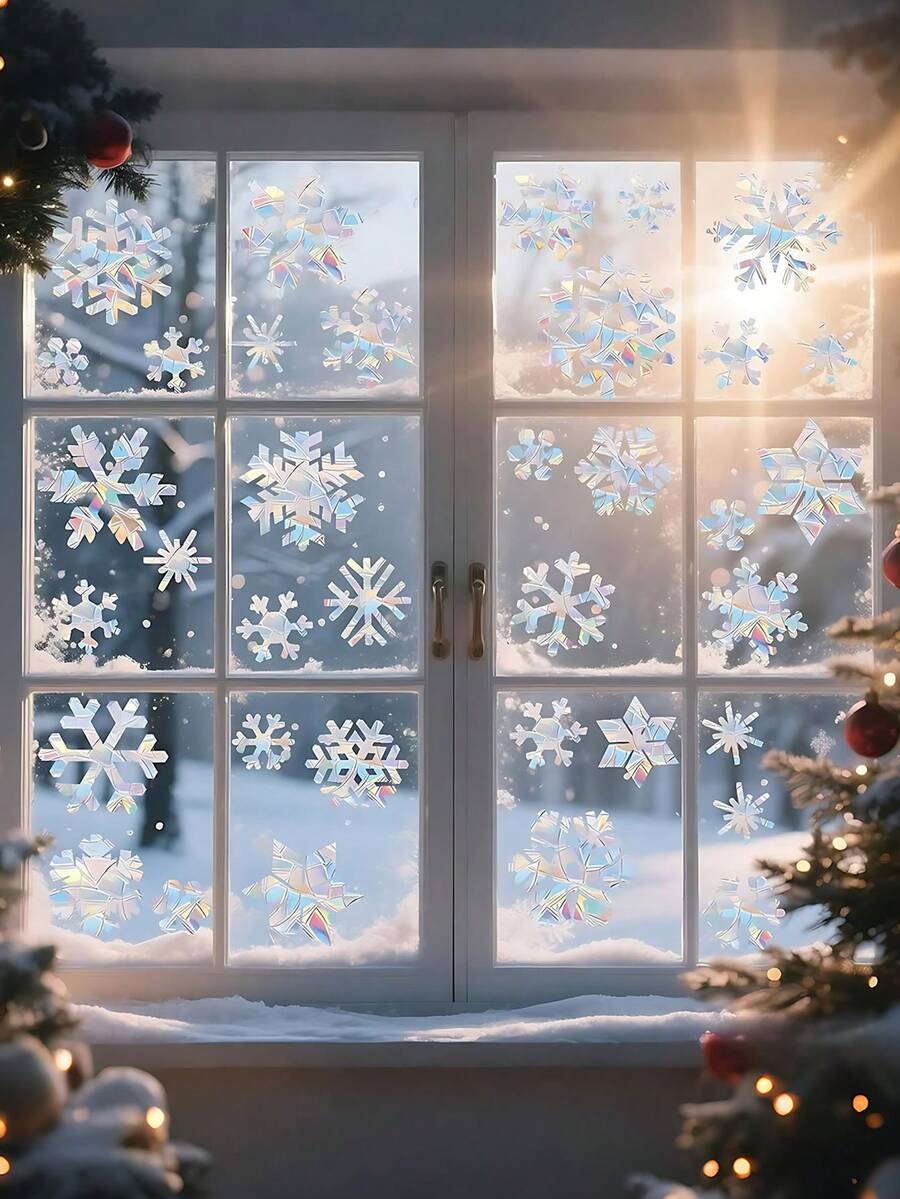 34片/2张雪花窗贴 - 圣诞玻璃窗贴，雪花图案，防鸟撞击，可重复使用静电吸附，适用于圣诞冬季装饰、圣诞窗饰、节日办公室装饰、冬季仙境新年派对用品、圣诞家居装饰、圣诞装饰
