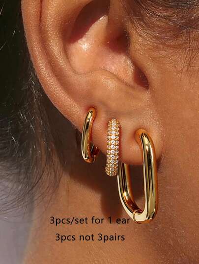 3 pezzi Orecchini a cerchio minimalisti in oro a forma di U, orecchini in rame con zirconia cubica (3 pezzi, non 3 paia)