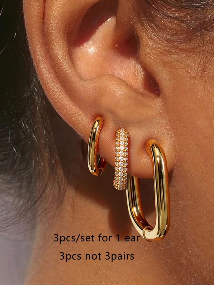 3 pezzi Orecchini a cerchio minimalisti in oro a forma di U, orecchini in rame con zirconia cubica (3 pezzi, non 3 paia)