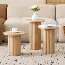 3-Piece Nesting Coffee Table Set, Modern Small Round Wood Side Tables, Fluted Drum Base, For Living Room, Bedroom, Apartment, Small Space, Sofa - 黃色 - 查看 7