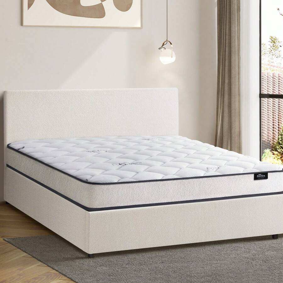 SUN YEE Bed Frame Double Size Gas Lift Boucle Beds With Mattress Set - White - View 1