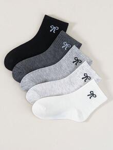 5/10/20 双女童纯色蝴蝶结设计短袜，可爱休闲简约日常旅行中筒袜，适合所有季节 - 彩色 - 查看 13