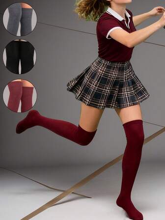 1双女士纯色过膝长筒袜，性感学院风，舒适休闲日常穿着，适合学生、表演、JK、Y2K风格，舒适袜子