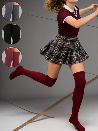 1双女士纯色过膝长筒袜，性感学院风，舒适休闲日常穿着，适合学生、表演、JK、Y2K风格，舒适袜子