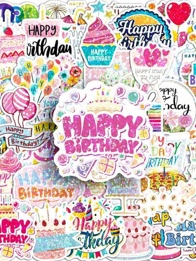 50PCS Laser Stickers Happy Birthday Stickers Cartoon Birthday Stickers Funny Decorative Stickers Cute Stickers Cartoon Aesthetic Stickers Vinyl Waterproof Stickers For Water Bottle, Hydroflask, Guitar, Luggage, Phone, Case, Laptop, Skateboard, Gift