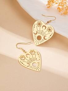 1 对优雅金属空心心形、太阳和月亮吊坠耳环，适合女性日常和情人节装扮 - 金黃色 - 查看 3