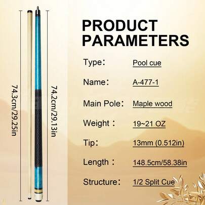 [Professional Player Recommended] Maple Pool Cue, 58.5 Inches/148.5cm, 1/2 Piece, Precision Slow Taper Joint + 13mm Colorful Multi-Layer Leather Tip, 19-21oz Anti-Bending Design, Shock-Absorbing Handle + Personalized Dotted Blue Pattern, Entry-Level Professional Cue, Comes With Glove