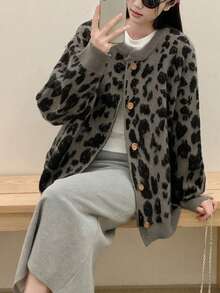 Vintage Leopard Print Oversized Loose Knit Sweater Top, Random Cut Pieces