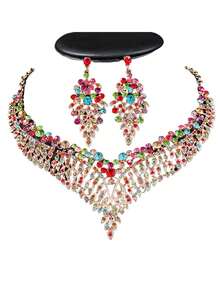 3 件新娘首饰套装：耳环、项链、水钻和方晶锆石，高端婚纱配饰