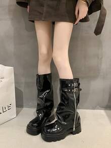 亮面时尚喇叭筒中筒靴，百搭粗跟圆头靴，女士街头风，秋冬款 - 亮黑色 - 查看 5