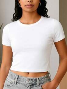 Women's Short Sleeve Ribbed Cropped Top With Sleeves, Summer - White - View 2