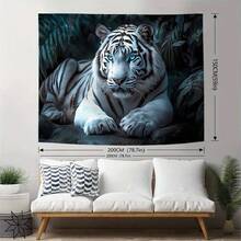 1 tapiserie cu imprimeu de tigru alb, scenă din junglă maiestuoasă, realizată din țesătură de poliester de 90 g/m², potrivită pentru decorul camerei de zi și dormitorului, artă de perete suspendată în interior