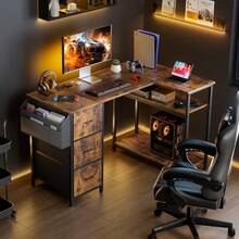 HLONONE Desk 120/140 Cm With 3 Fabric Drawers & Storage Bag, Corner Computer Desk With Shelves For Office & Home Office, 4 Colors - 棕色 - 查看 6