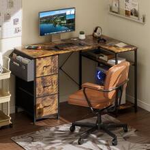 HLONONE Desk 120/140 Cm With 3 Fabric Drawers & Storage Bag, Corner Computer Desk With Shelves For Office & Home Office, 4 Colors - 棕色 - 查看 4