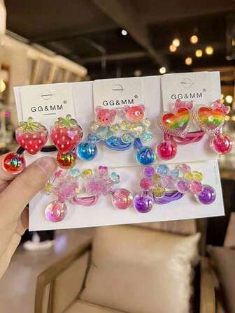 10/2个彩色爱心、小熊、草莓、皇冠、花朵发圈，适合女孩，甜美可爱，弹性发绳，马尾辫发圈，可搭配数百种发型，适合日常使用（不含卡片），化妆，发圈，橡皮筋，发绳