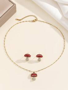 طقم مجوهرات من قلادة وأقراط بتعليقة فطر من الفولاذ المقاوم للصدأ للنساء، طقم قلادة وأقراط فاخر متعدد الاستخدامات مرصع بالراين، مناسب للحياة اليومية/عيد الميلاد/الحفلات/هدايا المناسبات/هدايا رأس السنة/هدايا للنساء