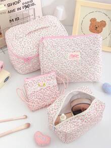 1个粉色碎花绗缝大容量化妆包，时尚便携化妆包，女孩旅行化妆包，多功能收纳包，可装口红、卫生巾、硬币、钥匙、发夹、发圈等，可爱洗漱包，旅行化妆收纳包，母亲节礼物，开学礼物，新年礼物 - 粉色 - 查看 4