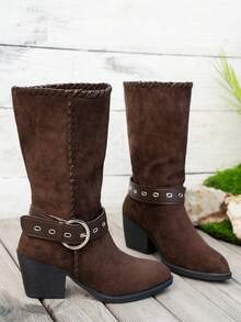 Botas Country Femininas, Novo Estilo de Outono/Inverno, Cor Amarelo-Marrom, Moda Bico Fino, Bordado, Salto Grosso Cano Médio Tipo Puxar Botas Country