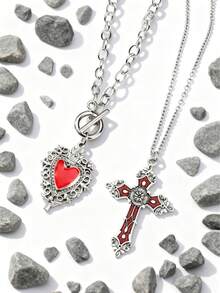 2 件套哥特式深心形十字架吊坠项链套装，朋克哥特 Y2K 珠宝配饰，情人节 - 彩色 - 查看 3