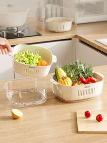 1pc 2-In-1 Double-Layer Drain Basket,2-In-1 Easy-To-Use,Vegetable Dryer,Fruit Drain Container With Handle,Refrigerator Freshness Basket,Fruits And Vegetable Washing Basket,Drain Basket,Vegetable Drain Basket - Multicolor - View 4