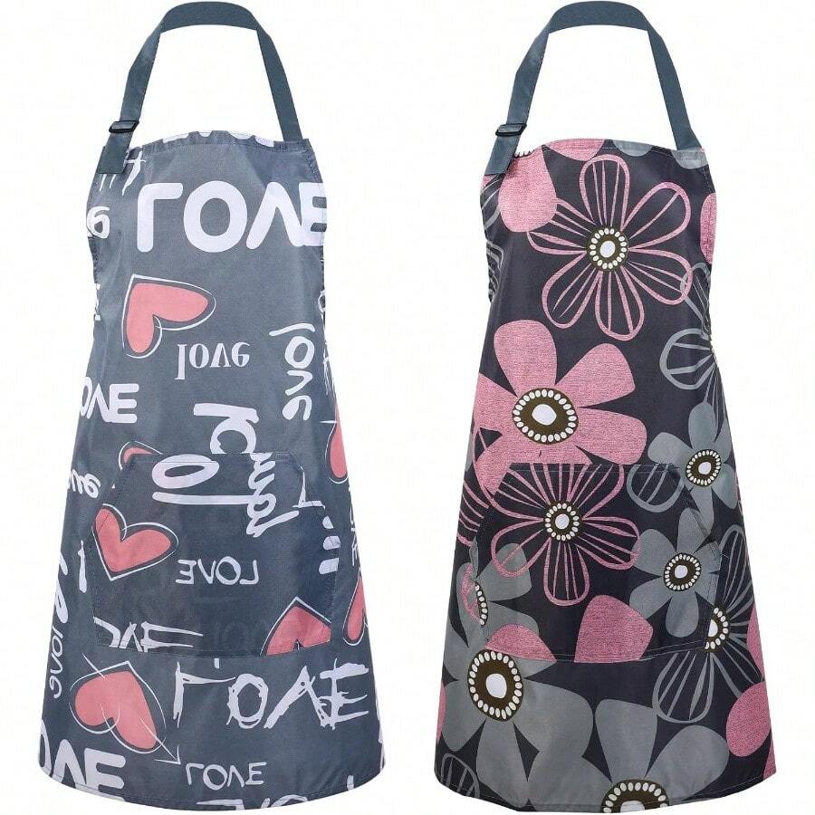 2 Pack Apron Women With Pockets, Adjustable Waterproof Floral Chef Aprons Women Chef Apron Kitchen, Gardening, Cooking, Salon, BBQ Or Baking - ban đầu - Xem 1